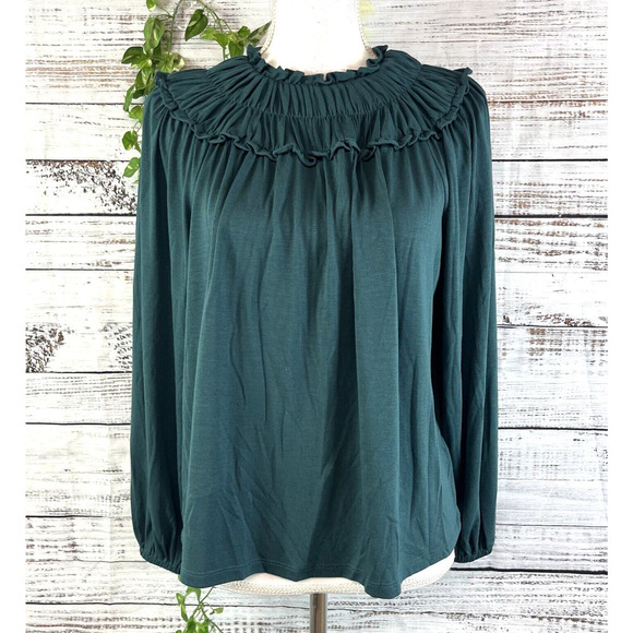 Ann Taylor Blouse Top sz Extra Small Teal Jersey Smocking Prairie Modest Stretch - Picture 1 of 14
